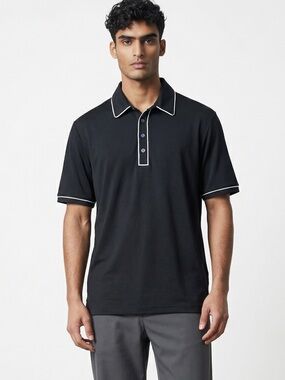 Adidas Small PureMotion mens golf shirt Black/White Contrast Piping Logo on Back